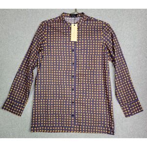 Saaksha & Kinni Indigo Gold Polka Dot Mandarin Collar Button Down Shirt Blouse M